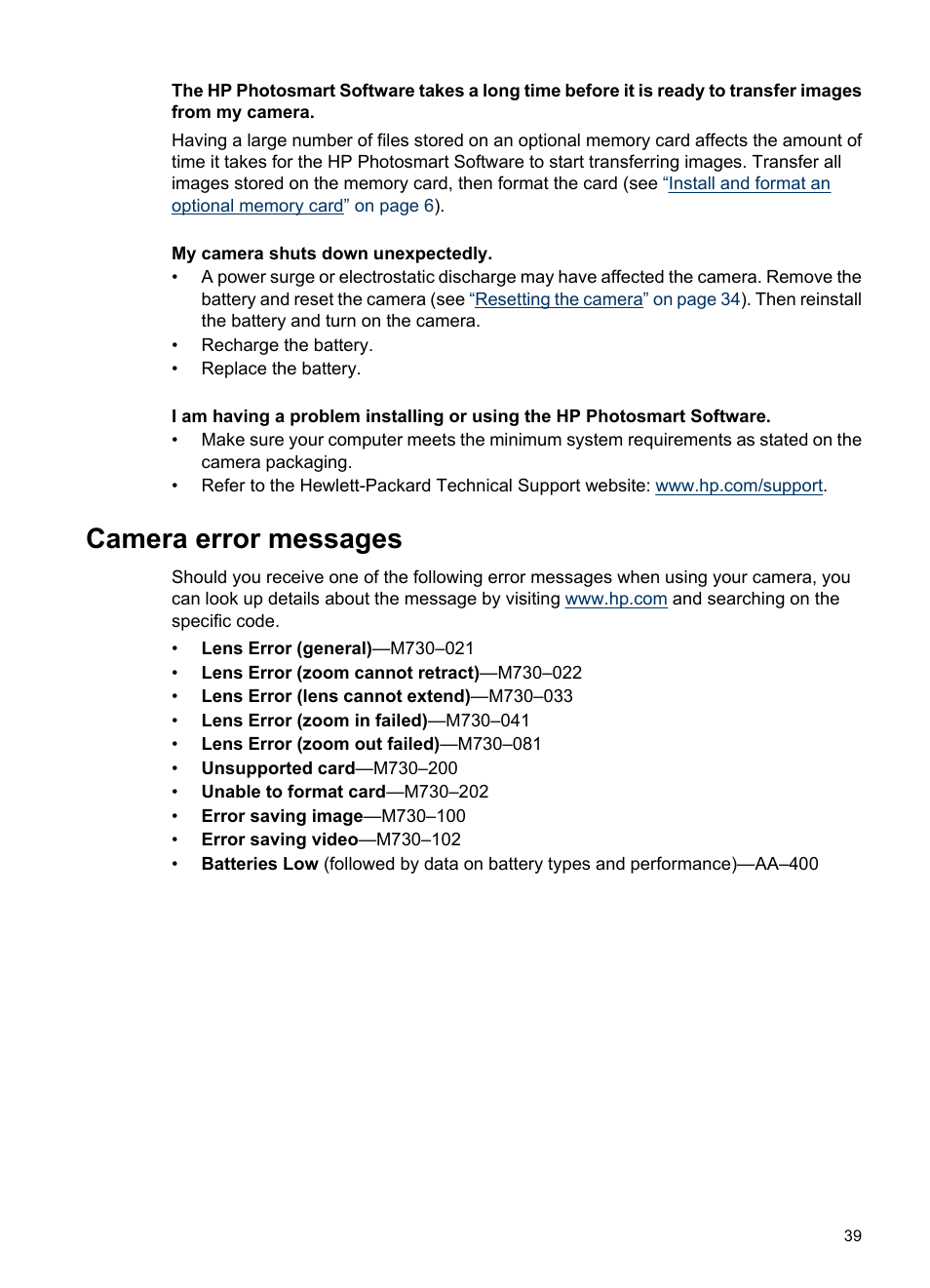 Camera error messages | HP Photosmart M730 Series User Manual | Page 41 / 50