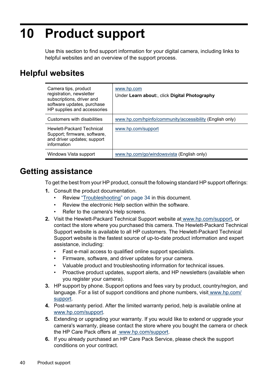 Product support, Helpful websites, Getting assistance | 10 product support, Helpful websites getting assistance | HP Photosmart M730 Series User Manual | Page 42 / 50
