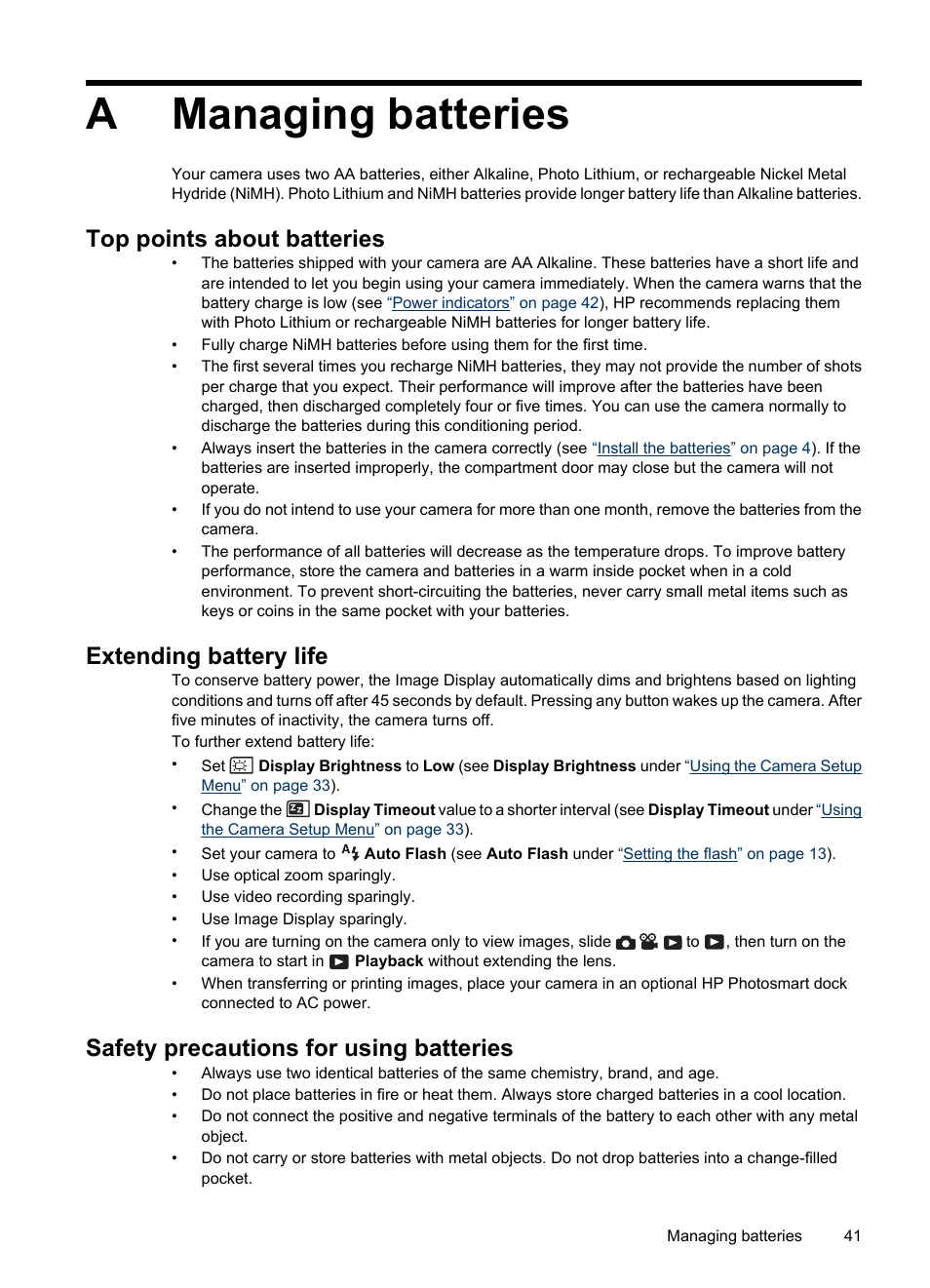 Managing batteries, Top points about batteries, Extending battery life | Safety precautions for using batteries, A managing batteries, Amanaging batteries | HP Photosmart M730 Series User Manual | Page 43 / 50