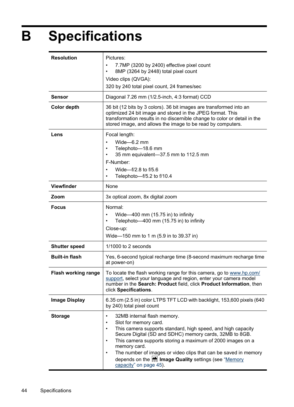 Specifications, B specifications, Bspecifications | HP Photosmart M730 Series User Manual | Page 46 / 50