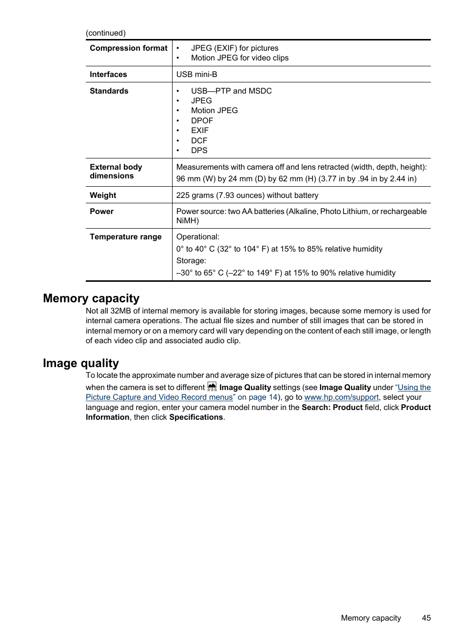 Memory capacity, Image quality, Memory capacity image quality | Settings (see, Memory | HP Photosmart M730 Series User Manual | Page 47 / 50