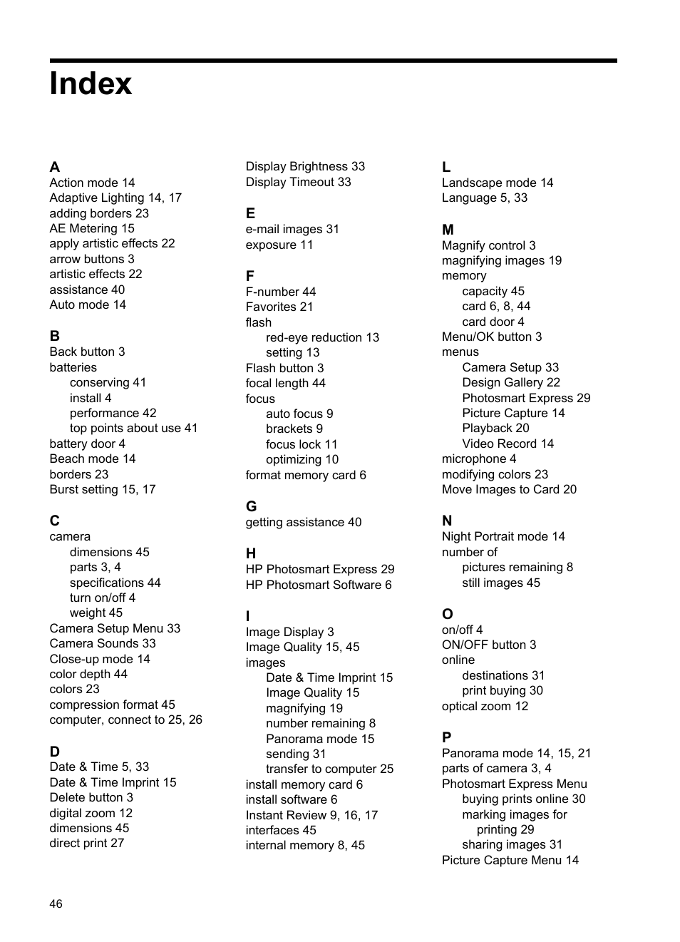Index | HP Photosmart M730 Series User Manual | Page 48 / 50