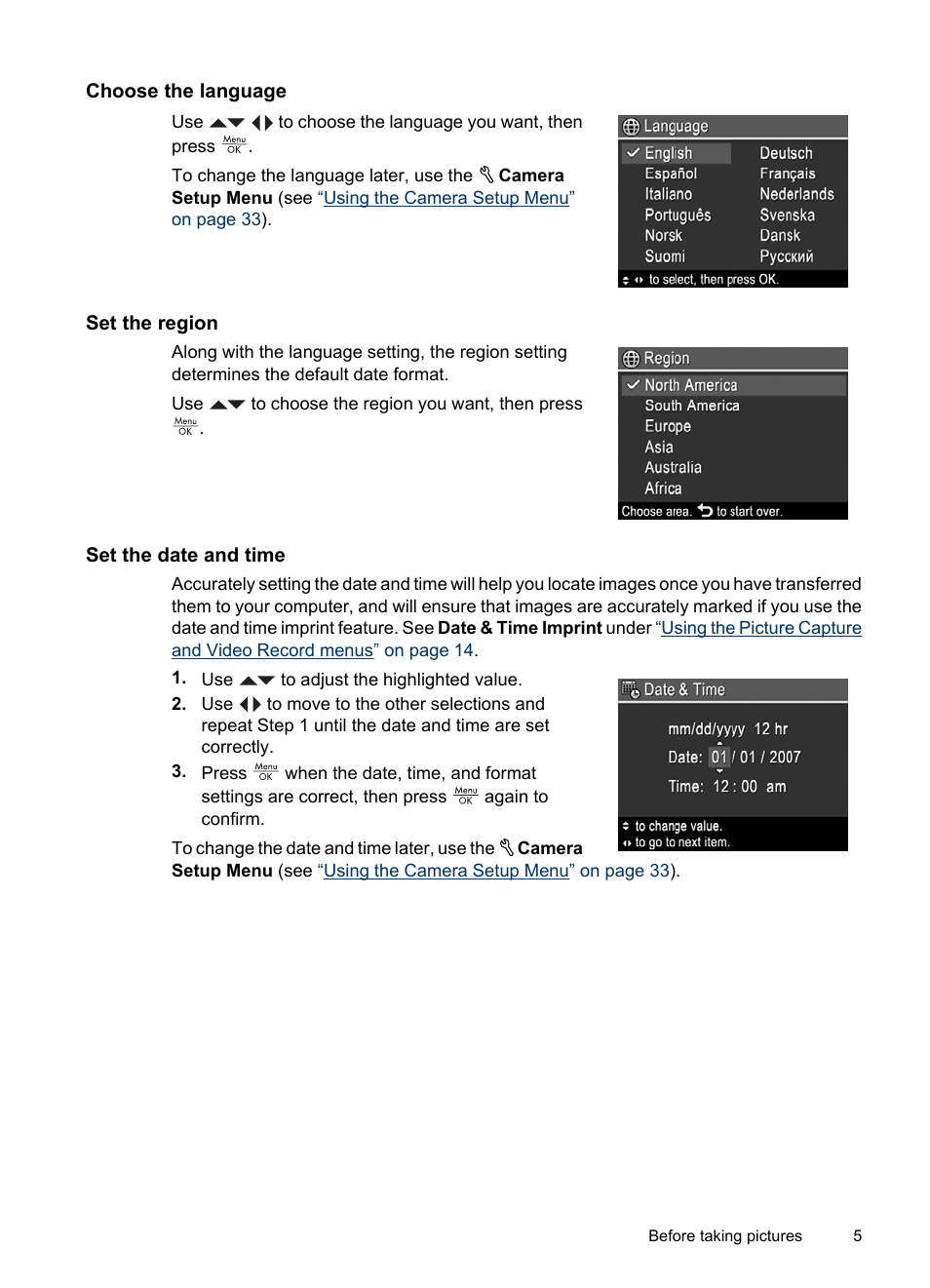 Choose the language, Set the region, Set the date and time | HP Photosmart M730 Series User Manual | Page 7 / 50