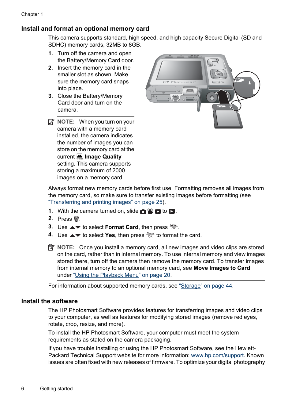 Install and format an optional memory card, Install the software | HP Photosmart M730 Series User Manual | Page 8 / 50