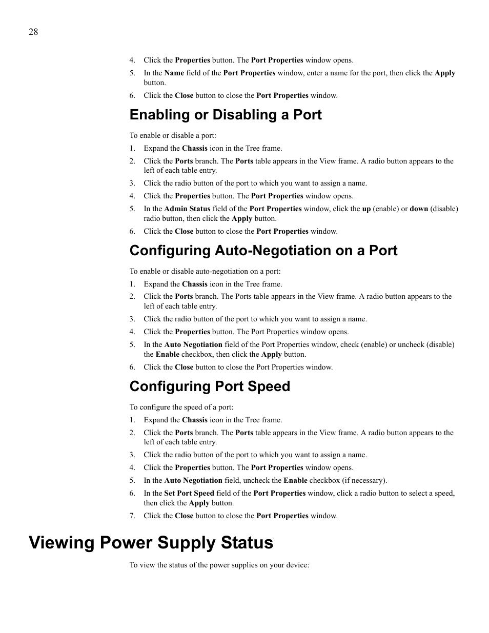 Enabling or disabling a port, Configuring auto-negotiation on a port, Configuring port speed | Viewing power supply status, View power supply status | HP 377707-002 User Manual | Page 36 / 92