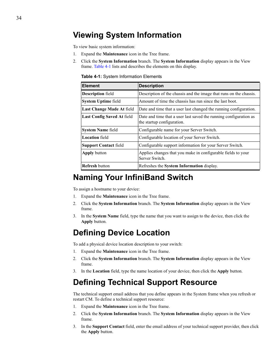 Viewing system information, Naming your infiniband switch, Defining device location | Defining technical support resource | HP 377707-002 User Manual | Page 42 / 92