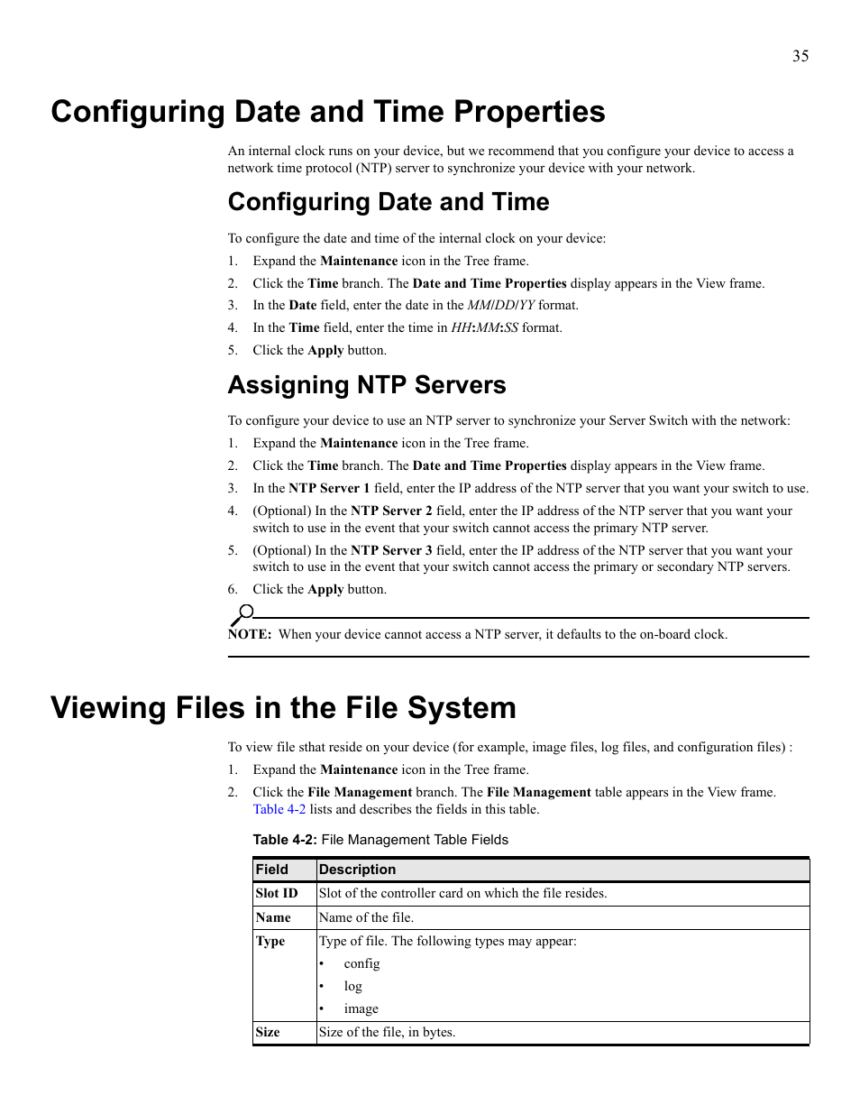Configuring date and time properties, Configuring date and time, Assigning ntp servers | Viewing files in the file system, Configure date and time properties, Configure date and time assign ntp servers, View files in the file system | HP 377707-002 User Manual | Page 43 / 92