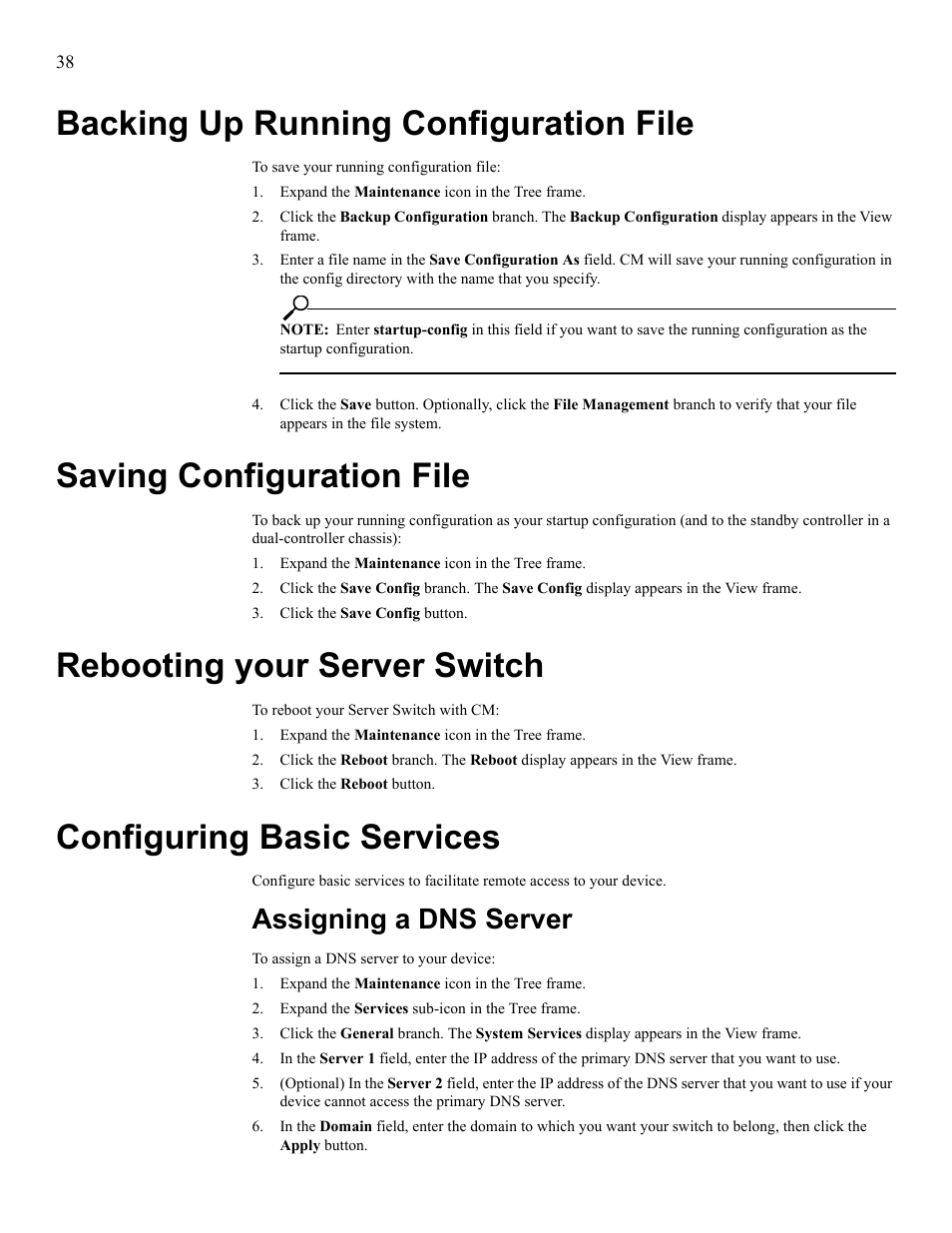 Backing up running configuration file, Saving configuration file, Rebooting your server switch | Configuring basic services, Assigning a dns server, Assign a dns server | HP 377707-002 User Manual | Page 46 / 92