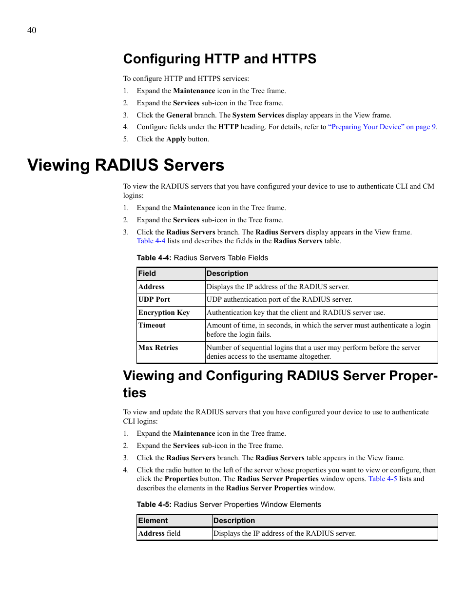 Configuring http and https, Viewing radius servers, Viewing and configuring radius server proper ties | Configure http and https, View radius servers, View and configure radius server properties, Viewing and configuring radius server proper- ties | HP 377707-002 User Manual | Page 48 / 92