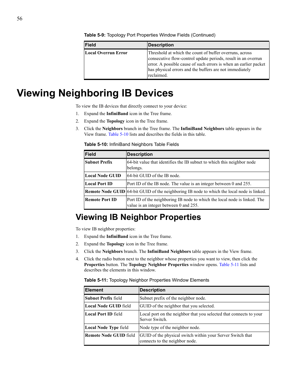 Viewing neighboring ib devices, Viewing ib neighbor properties, View neighboring ib devices | View ib neighbor properties, Table 5-10 | HP 377707-002 User Manual | Page 64 / 92