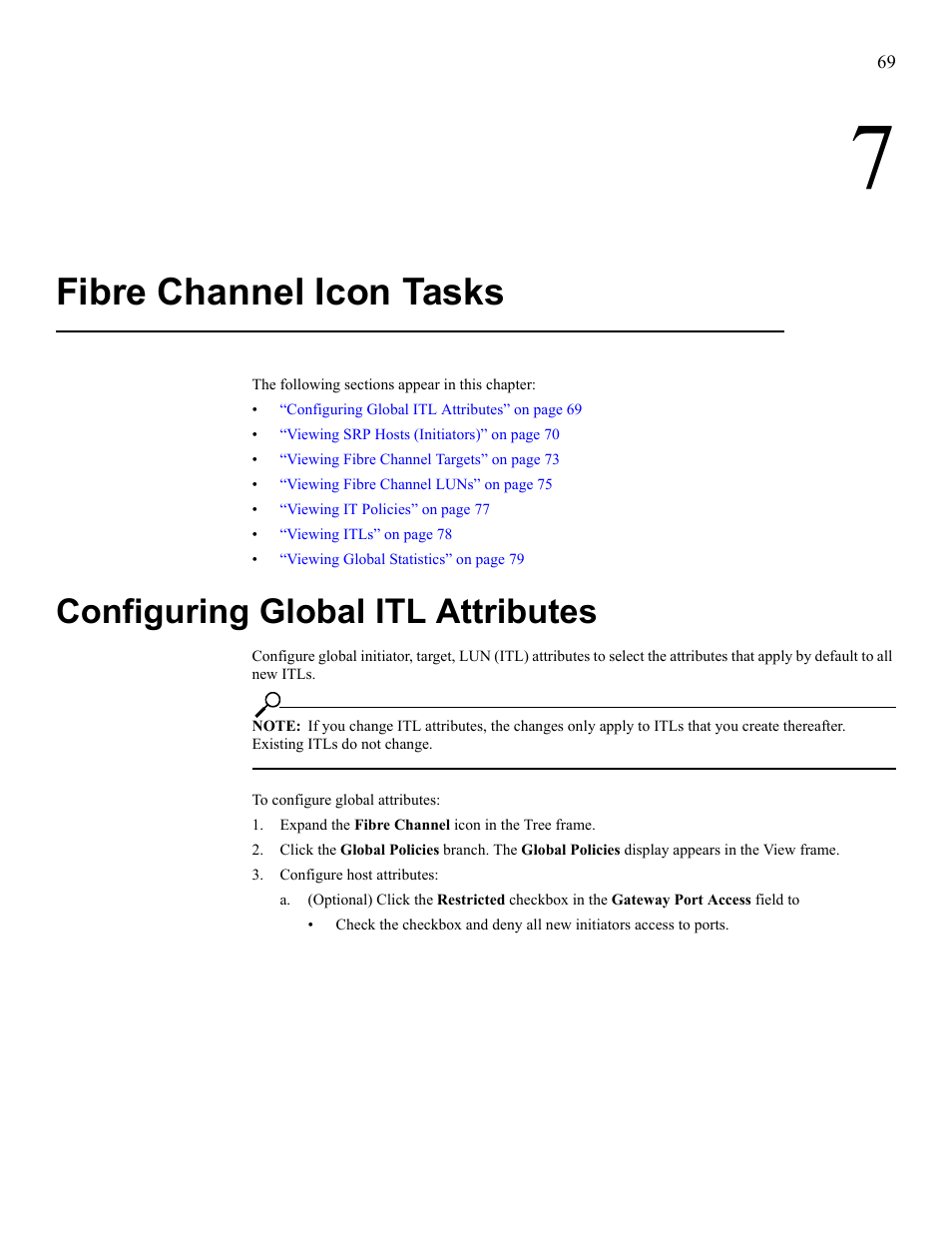 Fibre channel icon tasks, Configuring global itl attributes, Configure global itl attributes | HP 377707-002 User Manual | Page 77 / 92