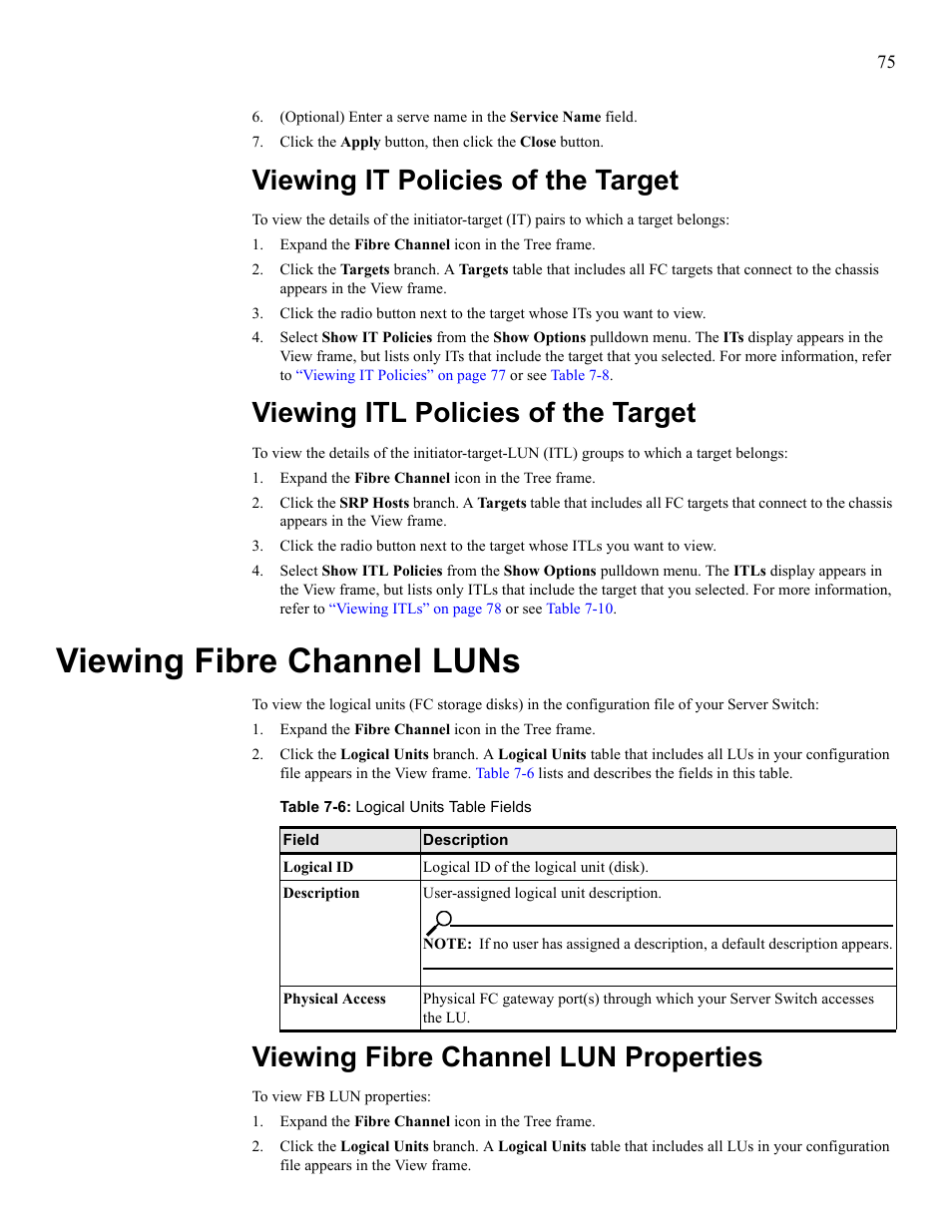 Viewing it policies of the target, Viewing itl policies of the target, Viewing fibre channel luns | Viewing fibre channel lun properties, View fibre channel luns, View fibre channel lun properties | HP 377707-002 User Manual | Page 83 / 92