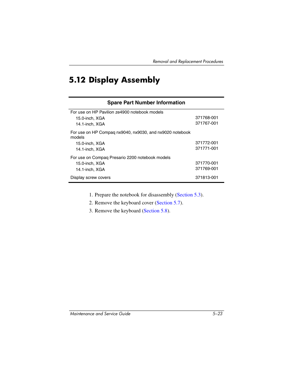 12 display assembly, 12 display assembly –23 | HP ZE4900 User Manual | Page 106 / 182