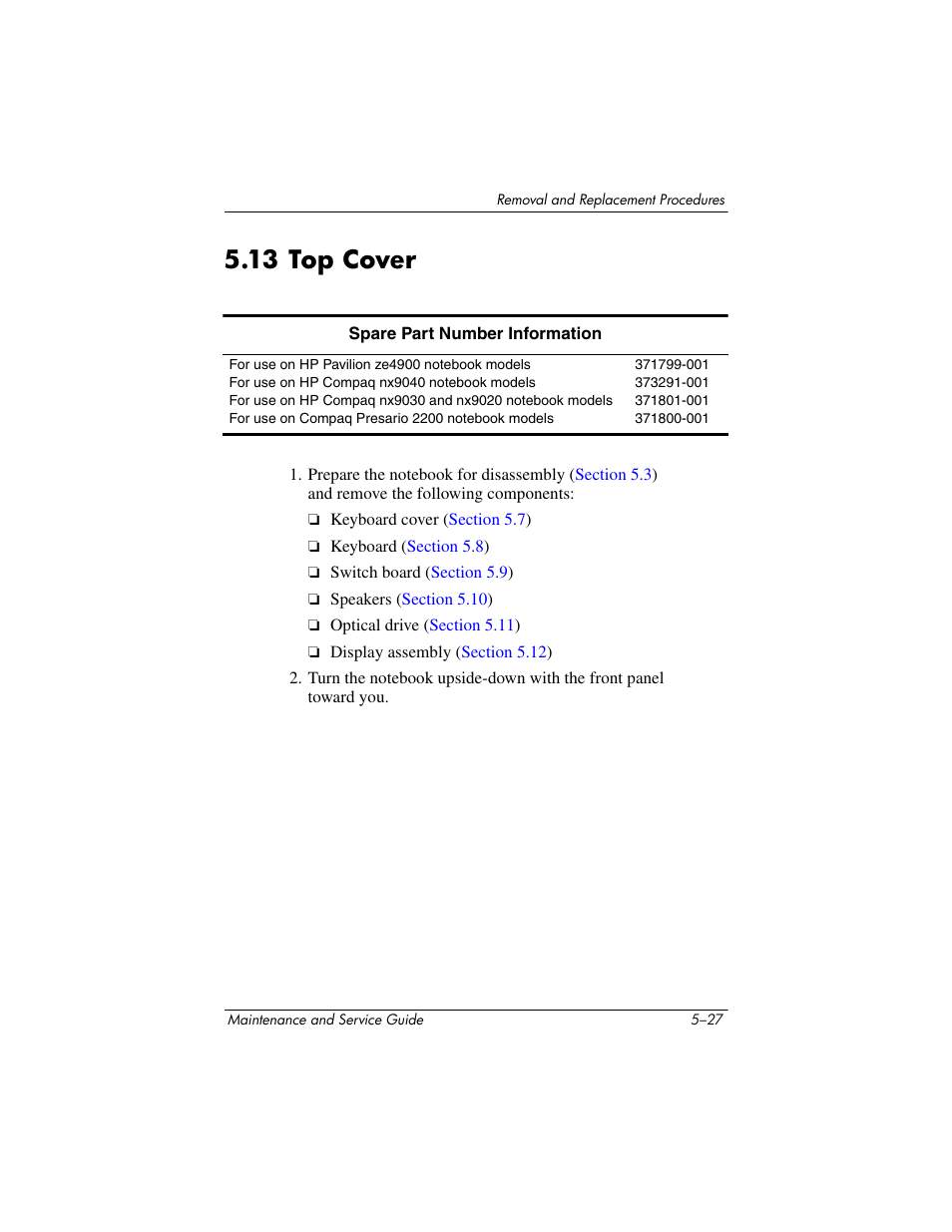 13 top cover, 13 top cover –27, Section 5.13, “ top cover | HP ZE4900 User Manual | Page 110 / 182