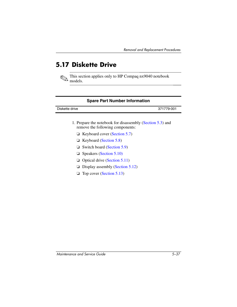 17 diskette drive, 17 diskette drive –37 | HP ZE4900 User Manual | Page 120 / 182