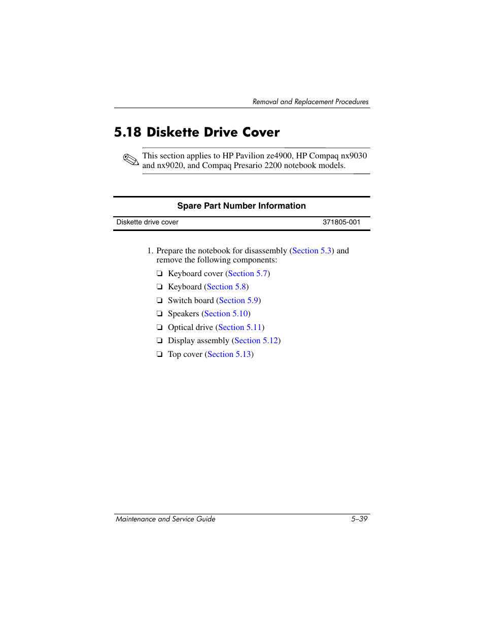 18 diskette drive cover, 18 diskette drive cover –39 | HP ZE4900 User Manual | Page 122 / 182