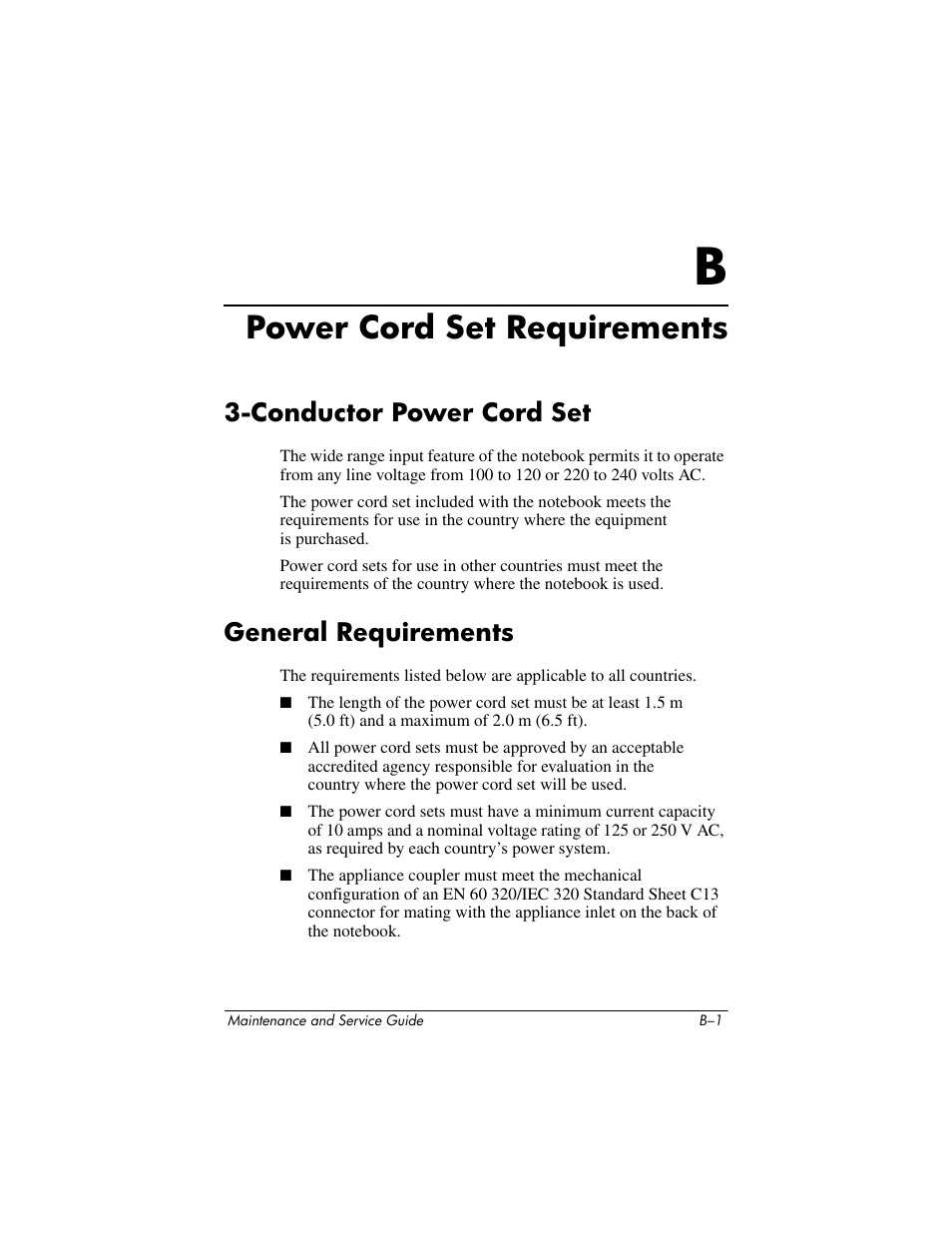 Power cord set requirements, Conductor power cord set, General requirements | B power cord set requirements | HP ZE4900 User Manual | Page 154 / 182