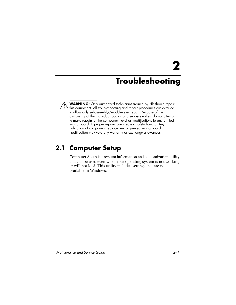 Troubleshooting, 1 computer setup, 2 troubleshooting | 1 computer setup –1 | HP ZE4900 User Manual | Page 39 / 182