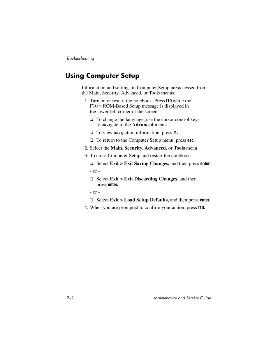 Using computer setup, Using computer setup –2 | HP ZE4900 User Manual | Page 40 / 182