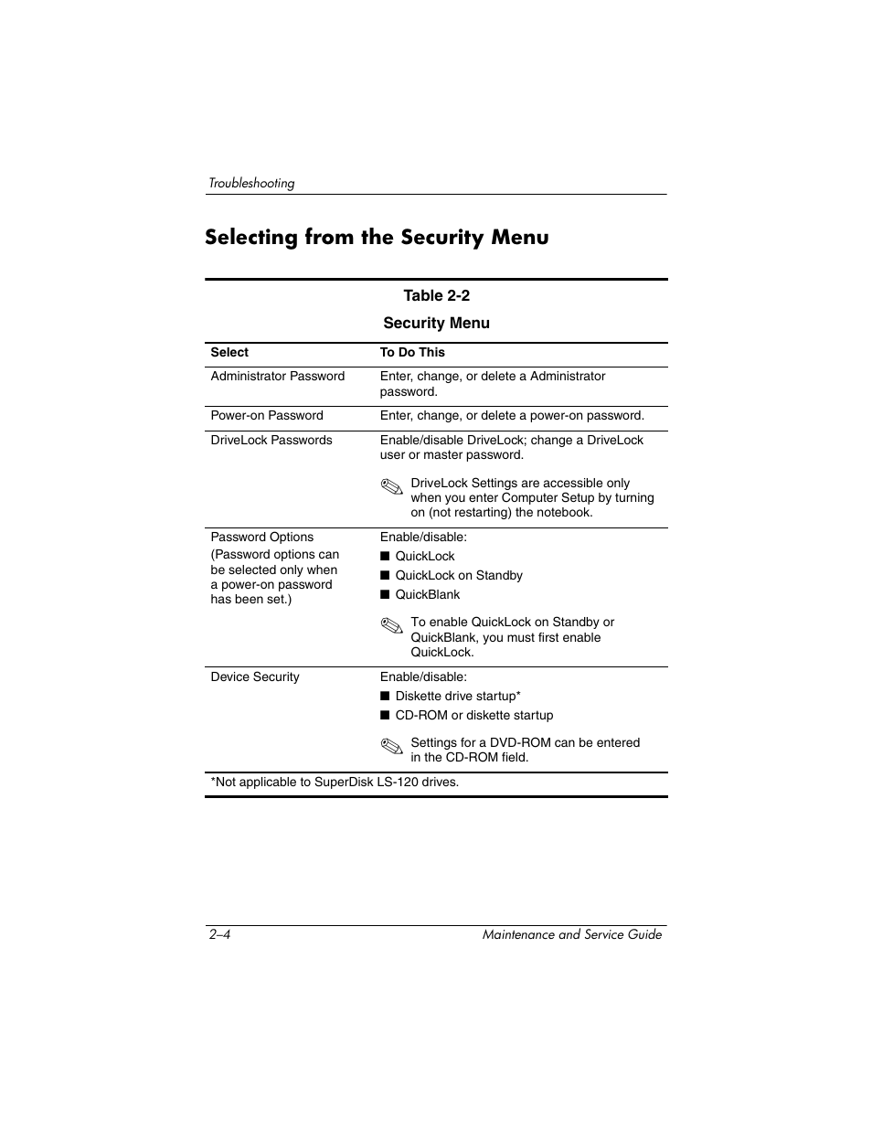 Selecting from the security menu, Selecting from the security menu –4 | HP ZE4900 User Manual | Page 42 / 182