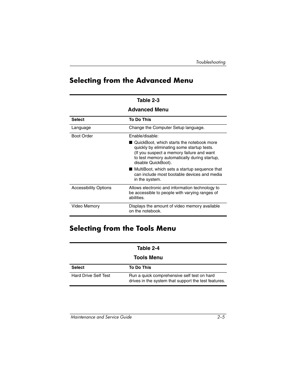 Selecting from the advanced menu, Selecting from the tools menu | HP ZE4900 User Manual | Page 43 / 182