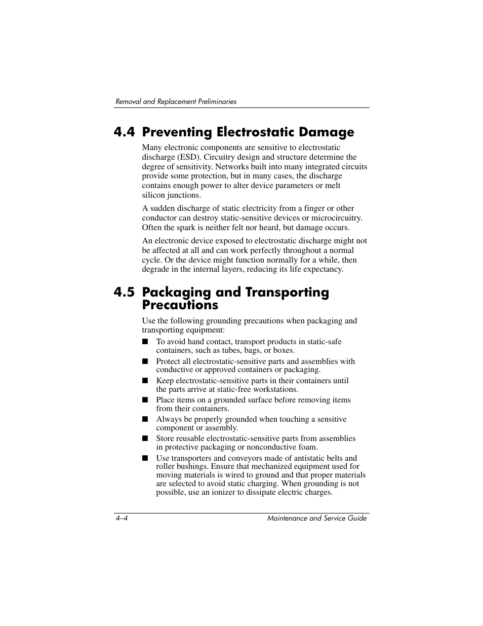 4 preventing electrostatic damage, 5 packaging and transporting precautions | HP ZE4900 User Manual | Page 80 / 182