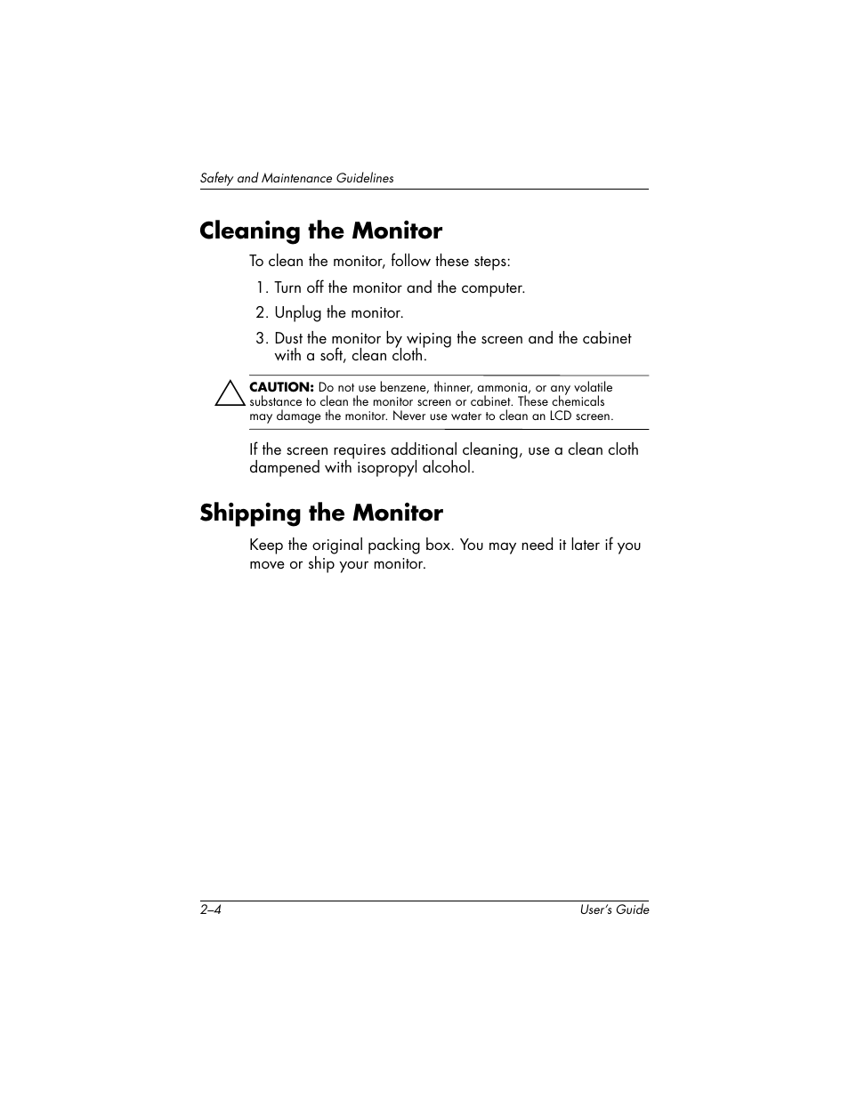 Cleaning the monitor, Shipping the monitor, Cleaning the monitor –4 shipping the monitor –4 | HP f2304 User Manual | Page 10 / 56