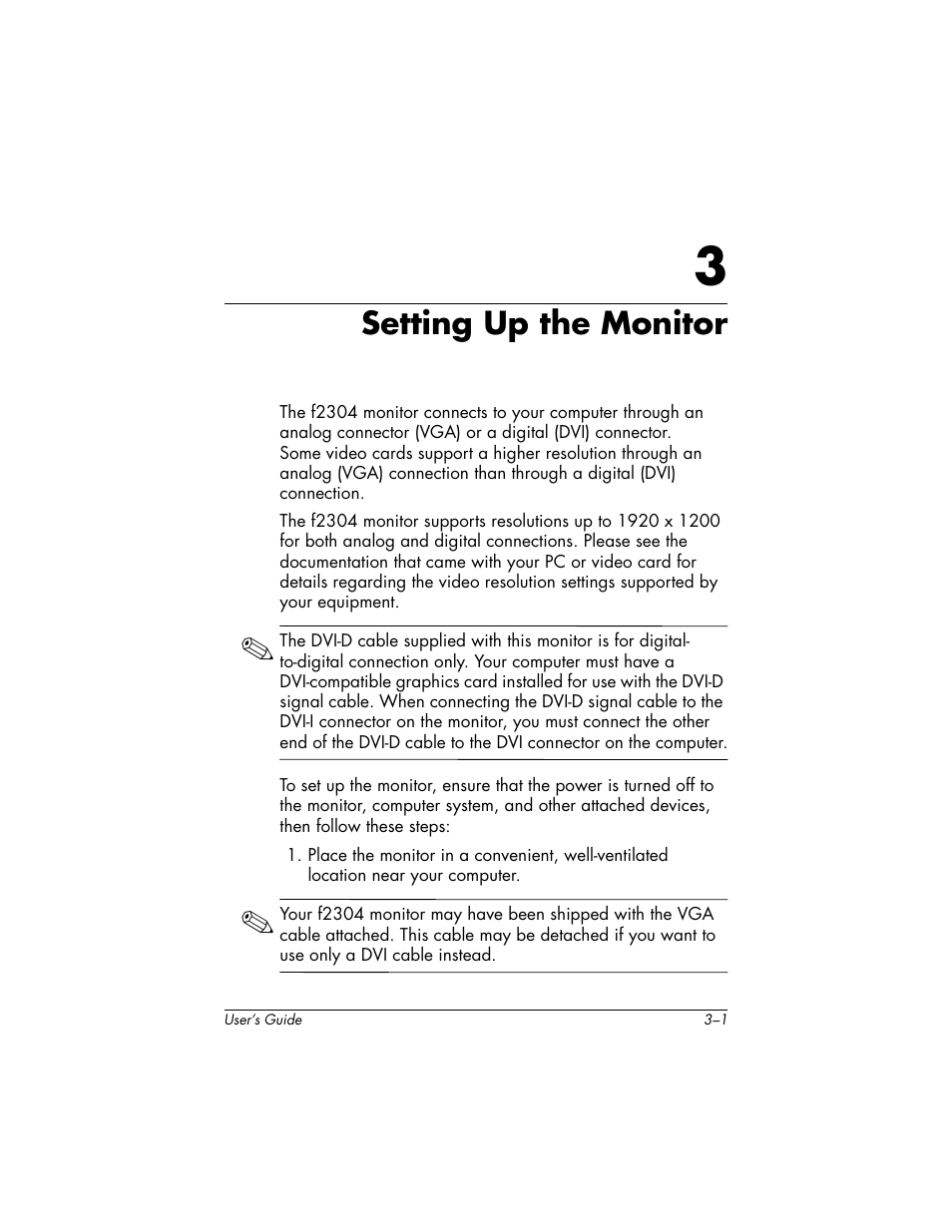 Setting up the monitor, 3 setting up the monitor | HP f2304 User Manual | Page 11 / 56