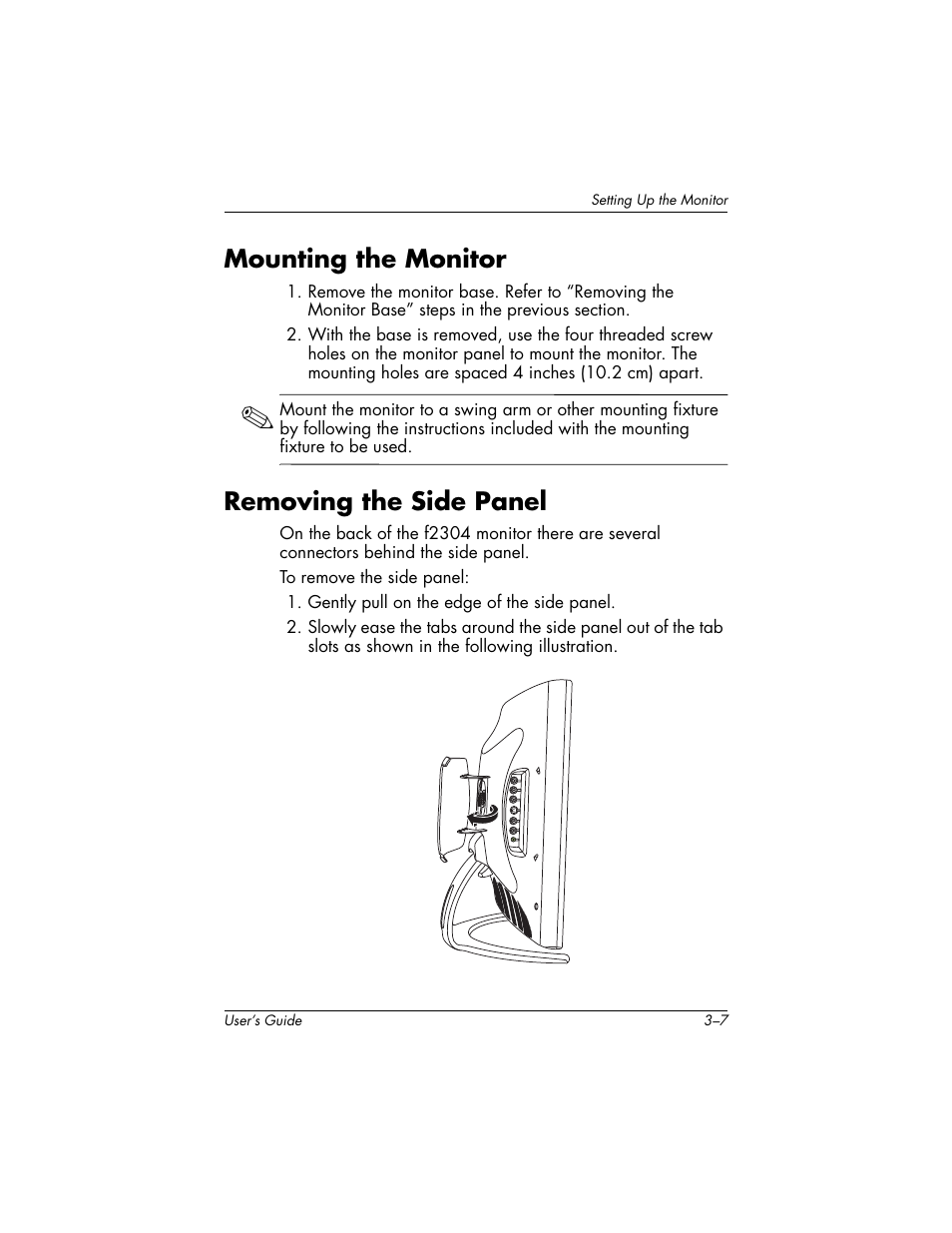 Mounting the monitor, Removing the side panel, Mounting the monitor –7 removing the side panel –7 | HP f2304 User Manual | Page 17 / 56