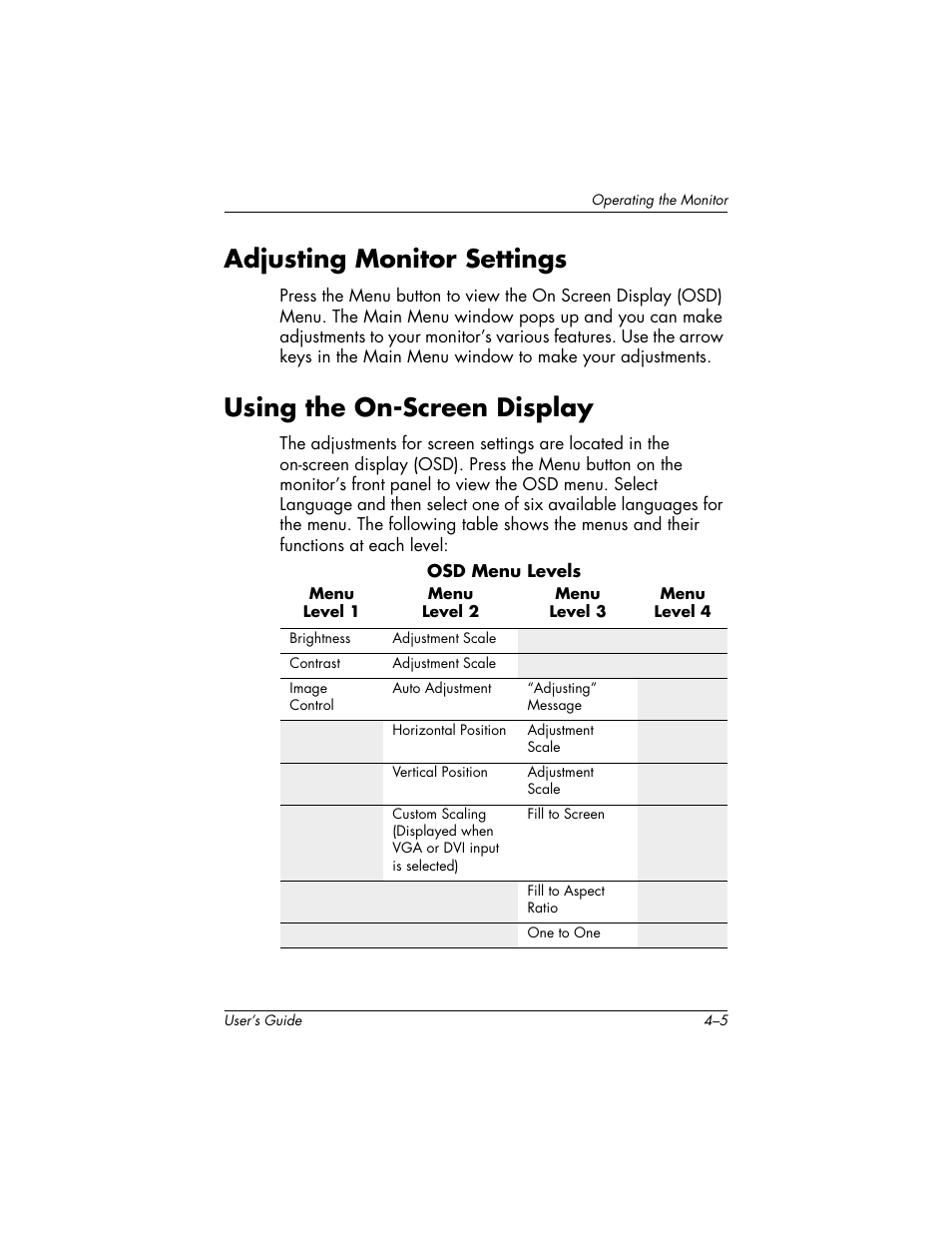 Adjusting monitor settings, Using the on-screen display | HP f2304 User Manual | Page 25 / 56