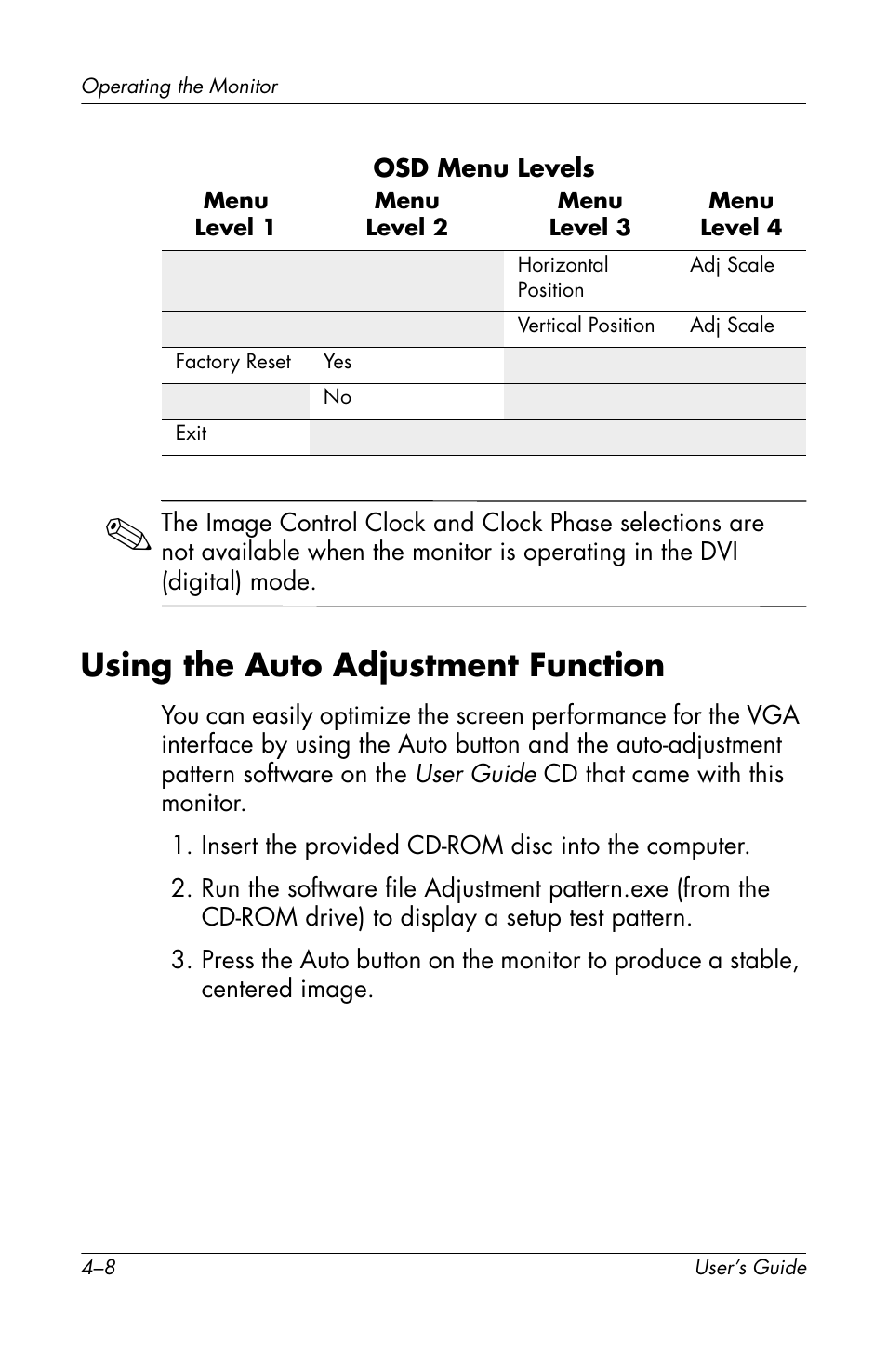 Using the auto adjustment function, Using the auto adjustment function –8 | HP f2304 User Manual | Page 28 / 56