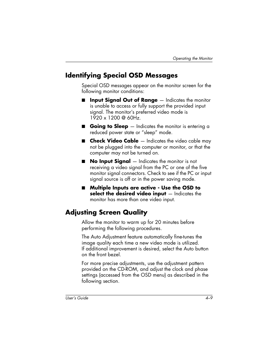 Identifying special osd messages, Adjusting screen quality | HP f2304 User Manual | Page 29 / 56