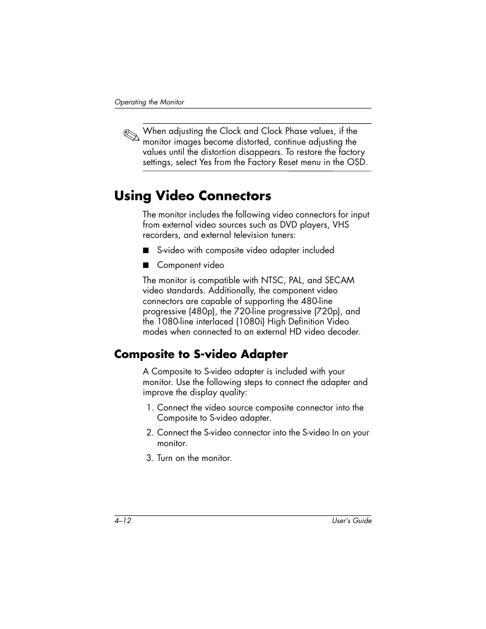 Using video connectors, Composite to s-video adapter, Using video connectors –12 | Composite to s-video adapter –12 | HP f2304 User Manual | Page 32 / 56