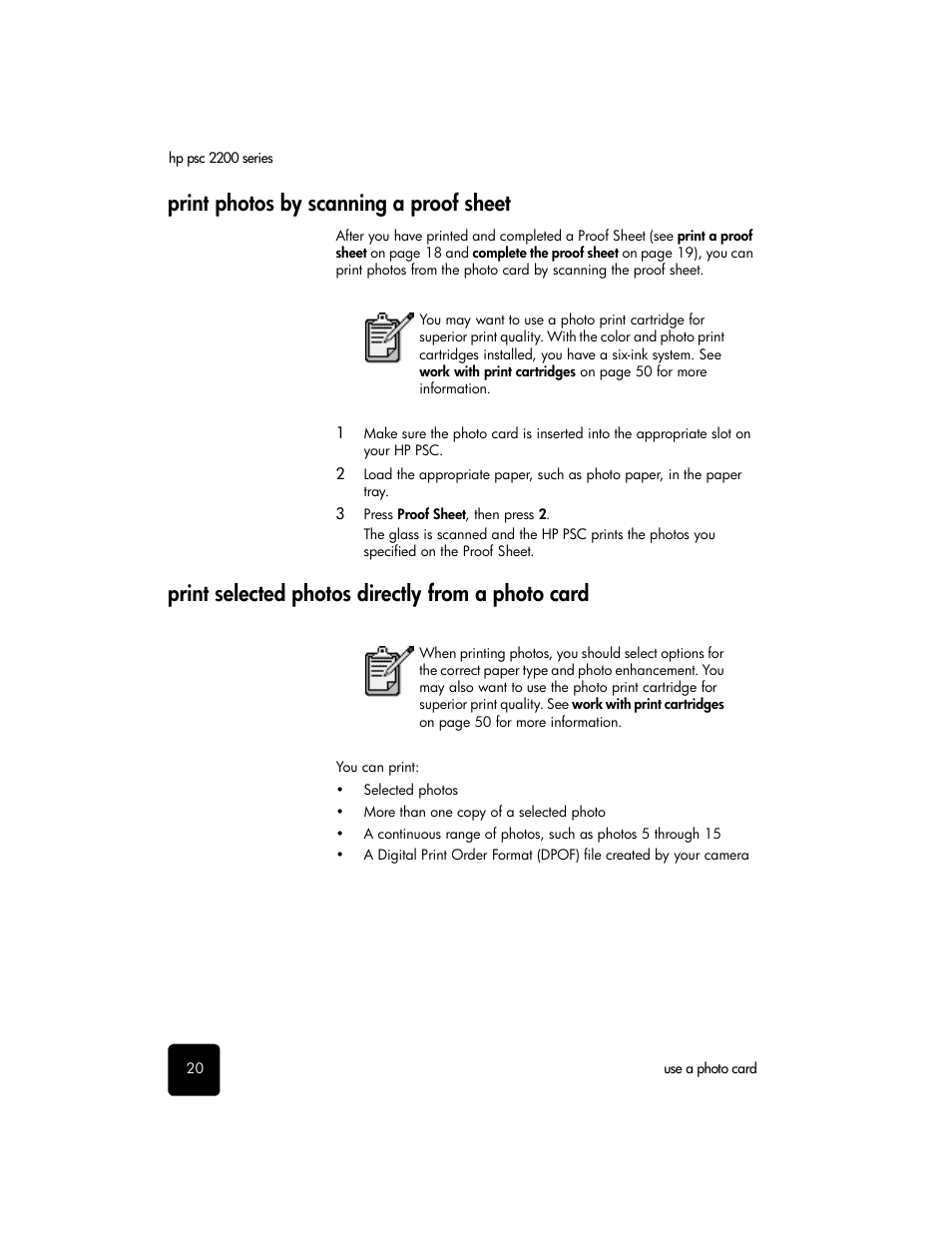 Print photos by scanning a proof sheet, Print selected photos directly from a photo card | HP 2200 User Manual | Page 26 / 94