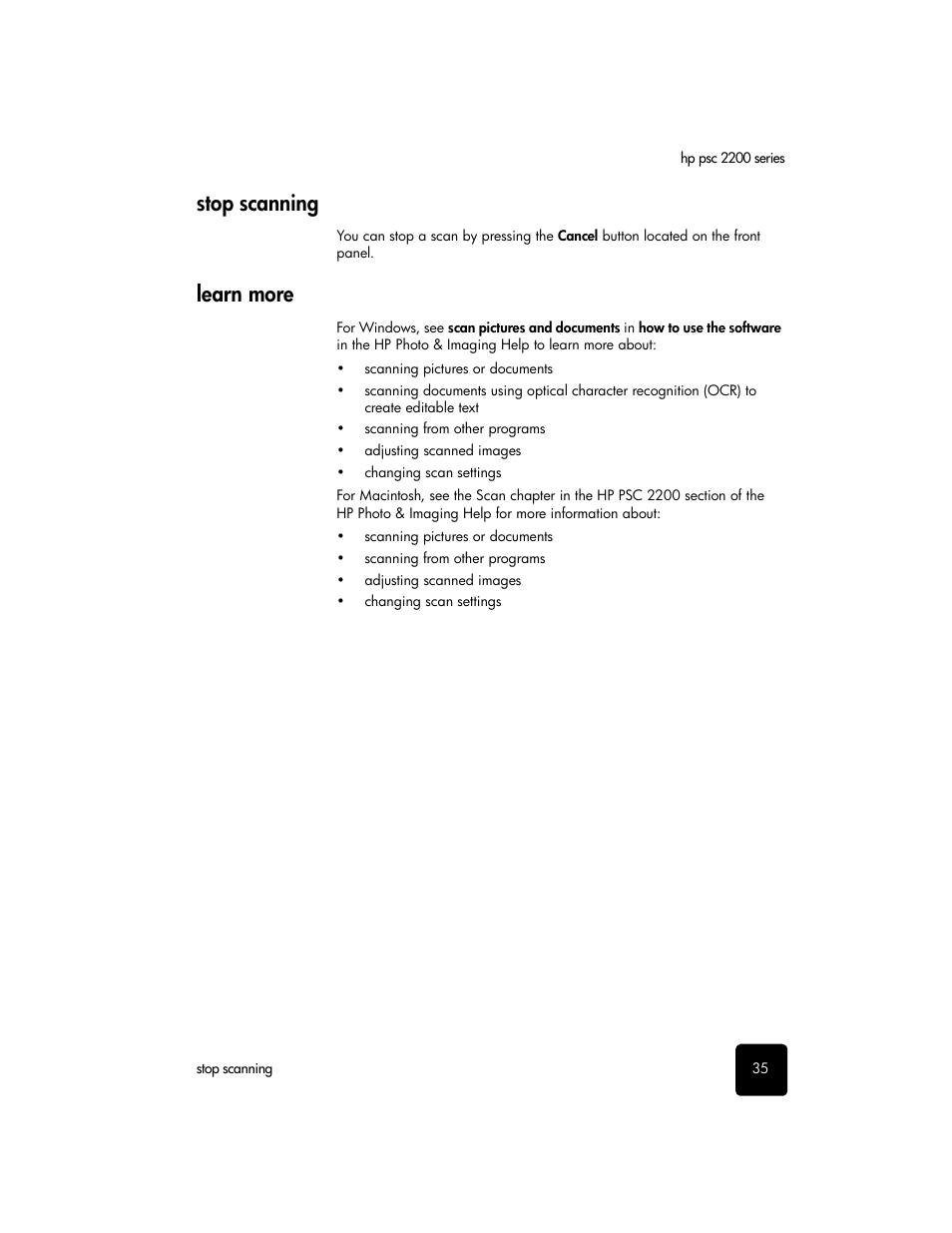 Stop scanning, Learn more | HP 2200 User Manual | Page 41 / 94