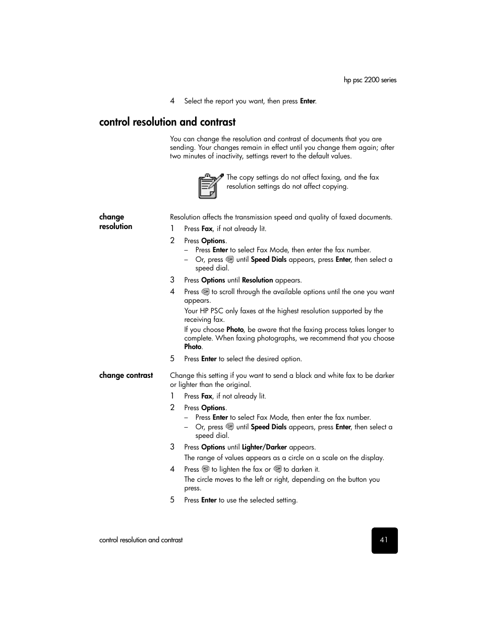 Control resolution and contrast | HP 2200 User Manual | Page 47 / 94