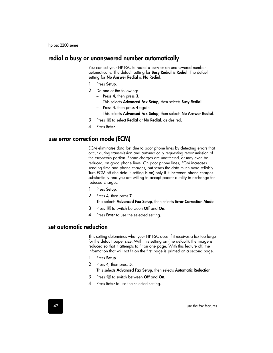 Redial a busy or unanswered number automatically, Use error correction mode (ecm), Set automatic reduction | HP 2200 User Manual | Page 48 / 94