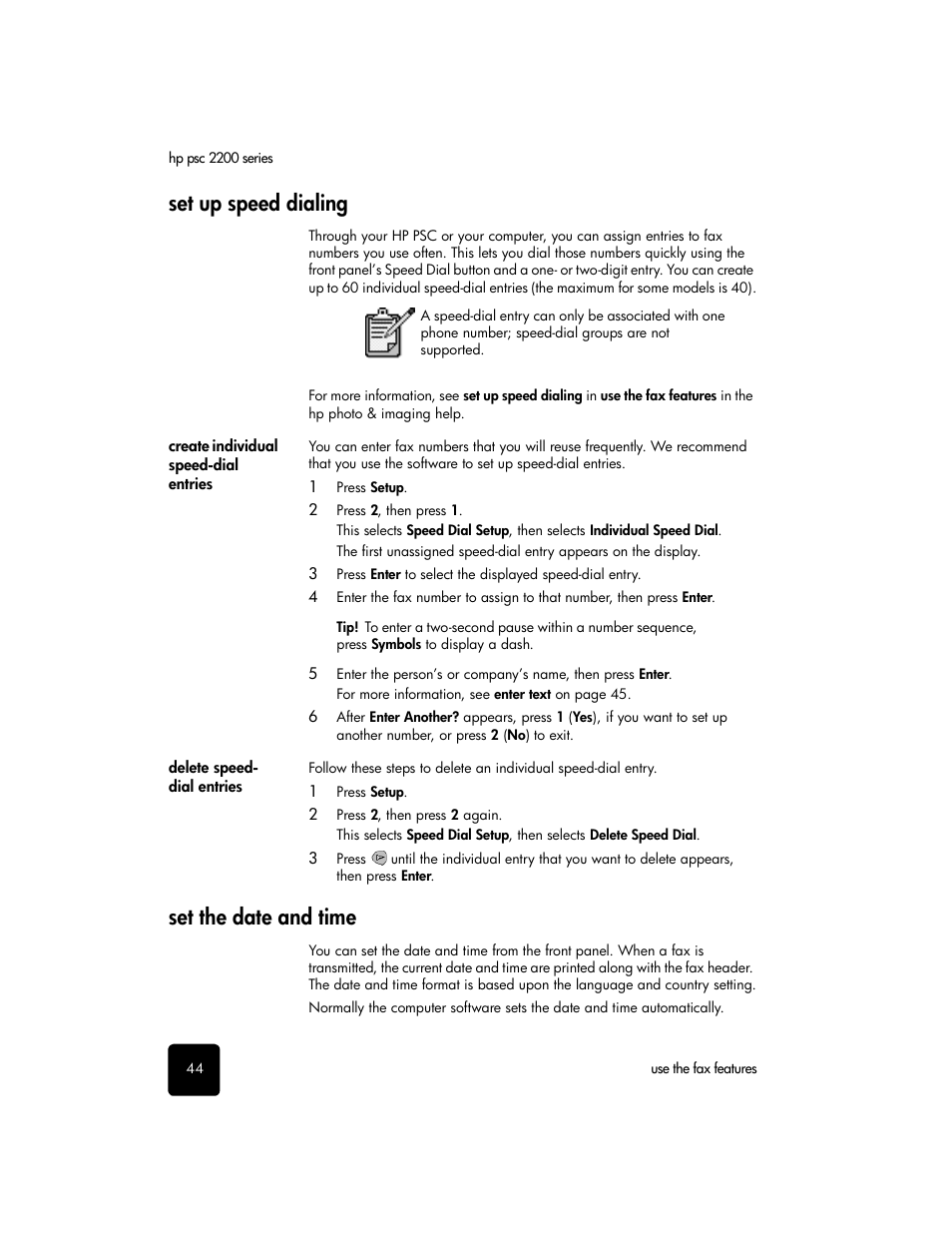 Set up speed dialing, Set the date and time | HP 2200 User Manual | Page 50 / 94