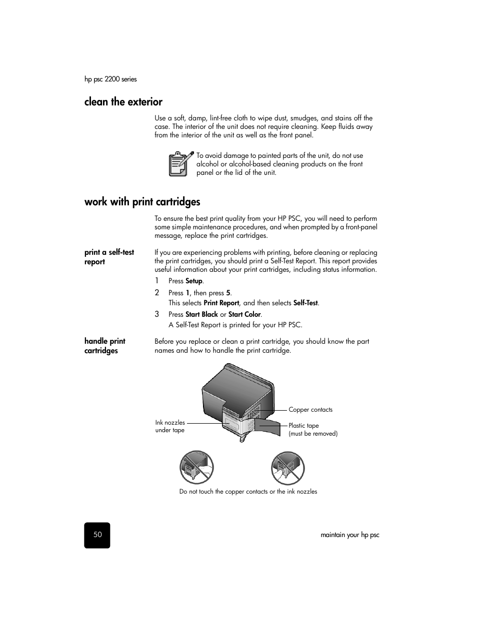 Clean the exterior, Work with print cartridges | HP 2200 User Manual | Page 56 / 94