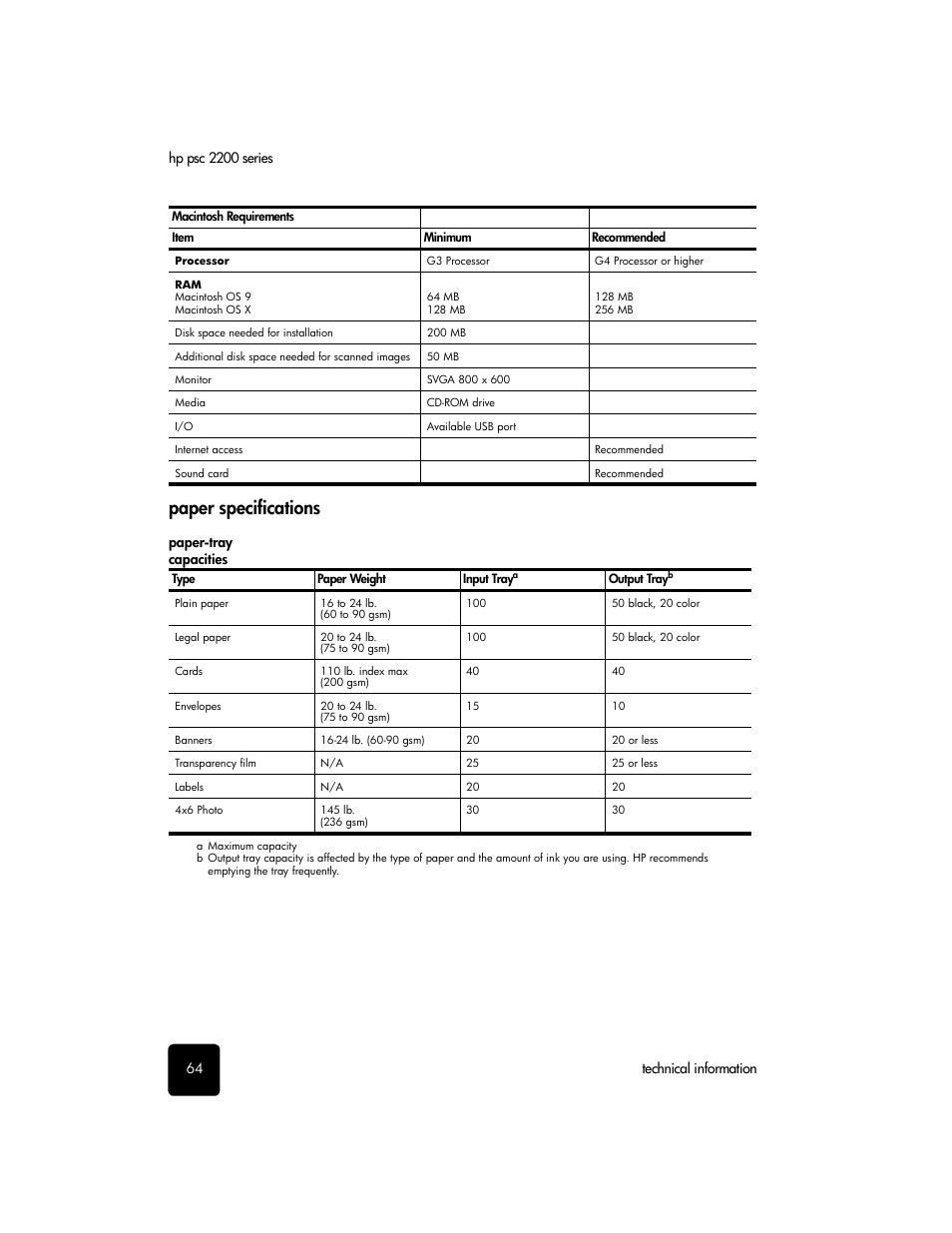 Paper specifications, Paper-tray capacities | HP 2200 User Manual | Page 70 / 94