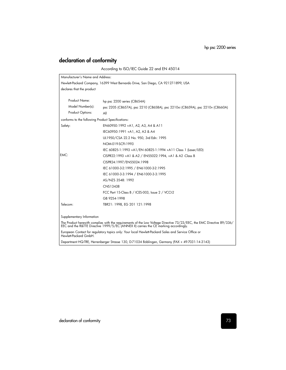 Declaration of conformity | HP 2200 User Manual | Page 79 / 94