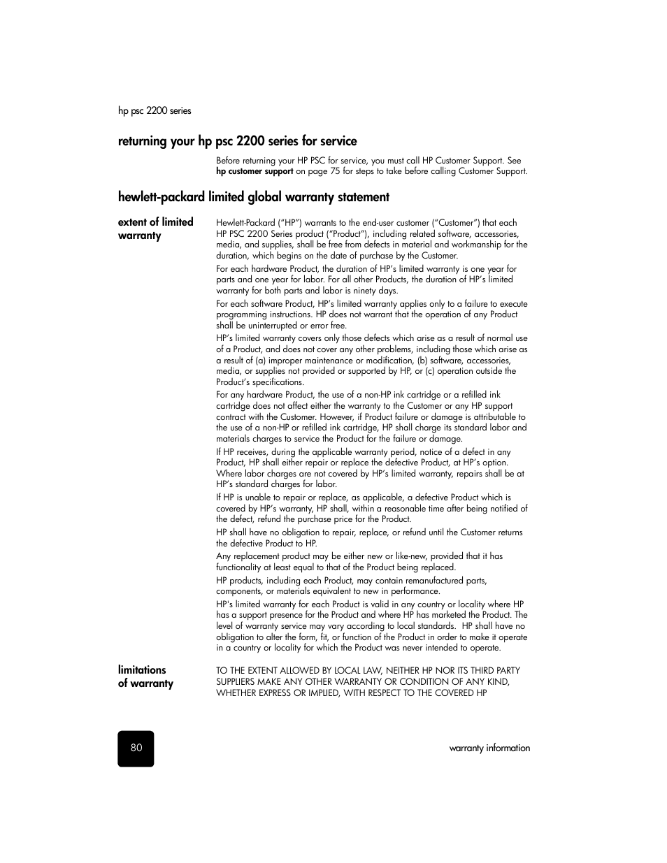 Returning your hp psc 2200 series for service, Hewlett-packard limited global warranty statement | HP 2200 User Manual | Page 86 / 94