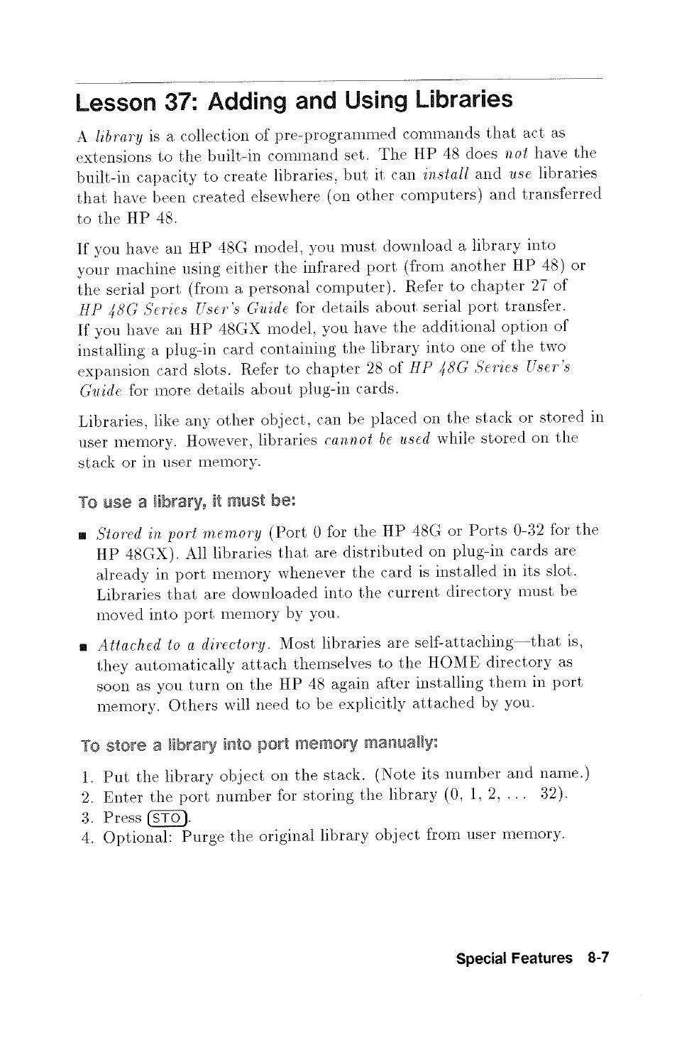 Lesson 37: adding and using libraries, To use a library, it must be, To store a library into port memory manually | HP 48G User Manual | Page 106 / 116