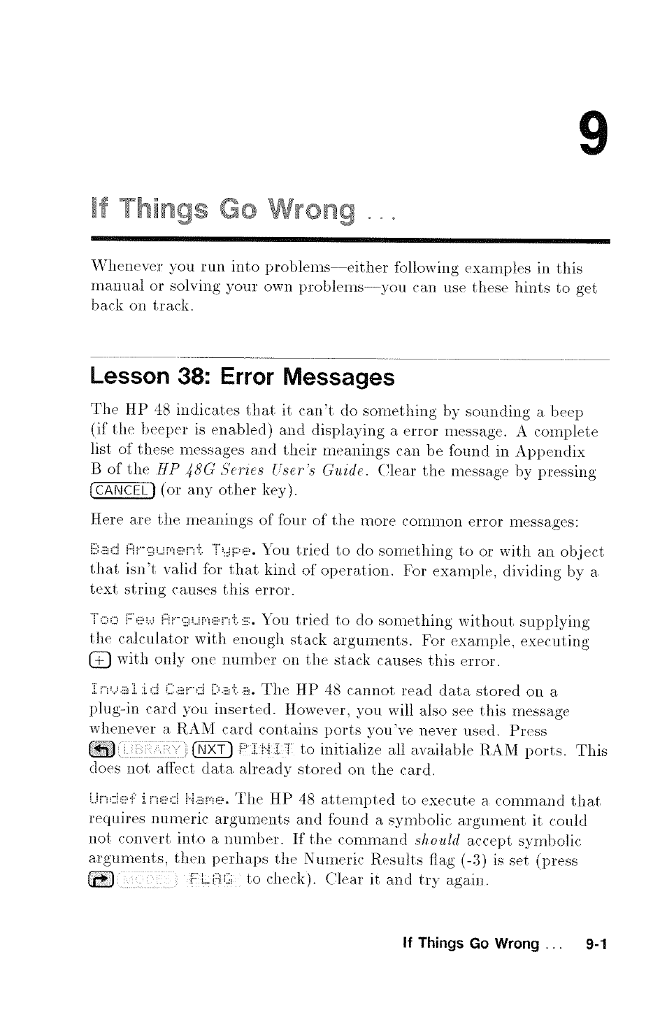 If things go wrong, Lesson 38; error messages | HP 48G User Manual | Page 107 / 116