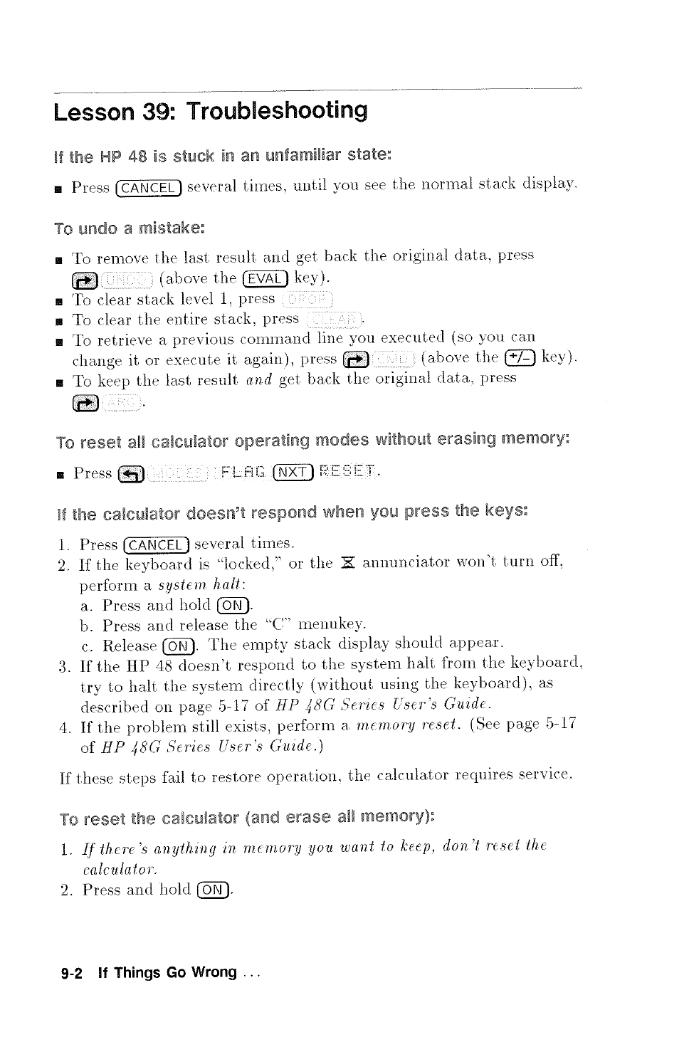 Lesson 39: troubleshooting, If the hp 48 is stuck in an unfamiliar state, To undo a mistake | HP 48G User Manual | Page 108 / 116