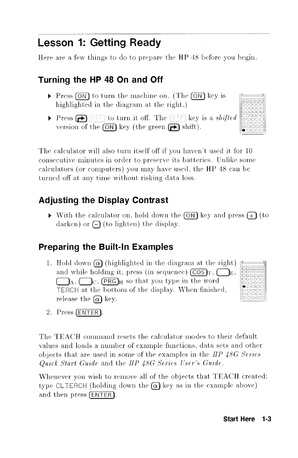 Lesson 1: getting ready, Turning the hp 48 on and off, Adjusting the display contrast | Preparing the built-in examples, Lesson 1: getting ready -3, Turning the hp 48 on and off' -3, Adjusting the display contrast -3, Preparing the built-in examples -3 | HP 48G User Manual | Page 11 / 116