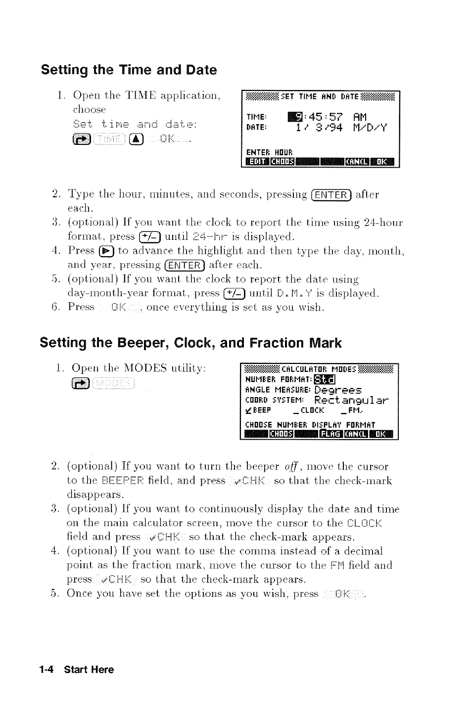 Setting the time and date, Setting the beeper, clock, and fraction mark | HP 48G User Manual | Page 12 / 116