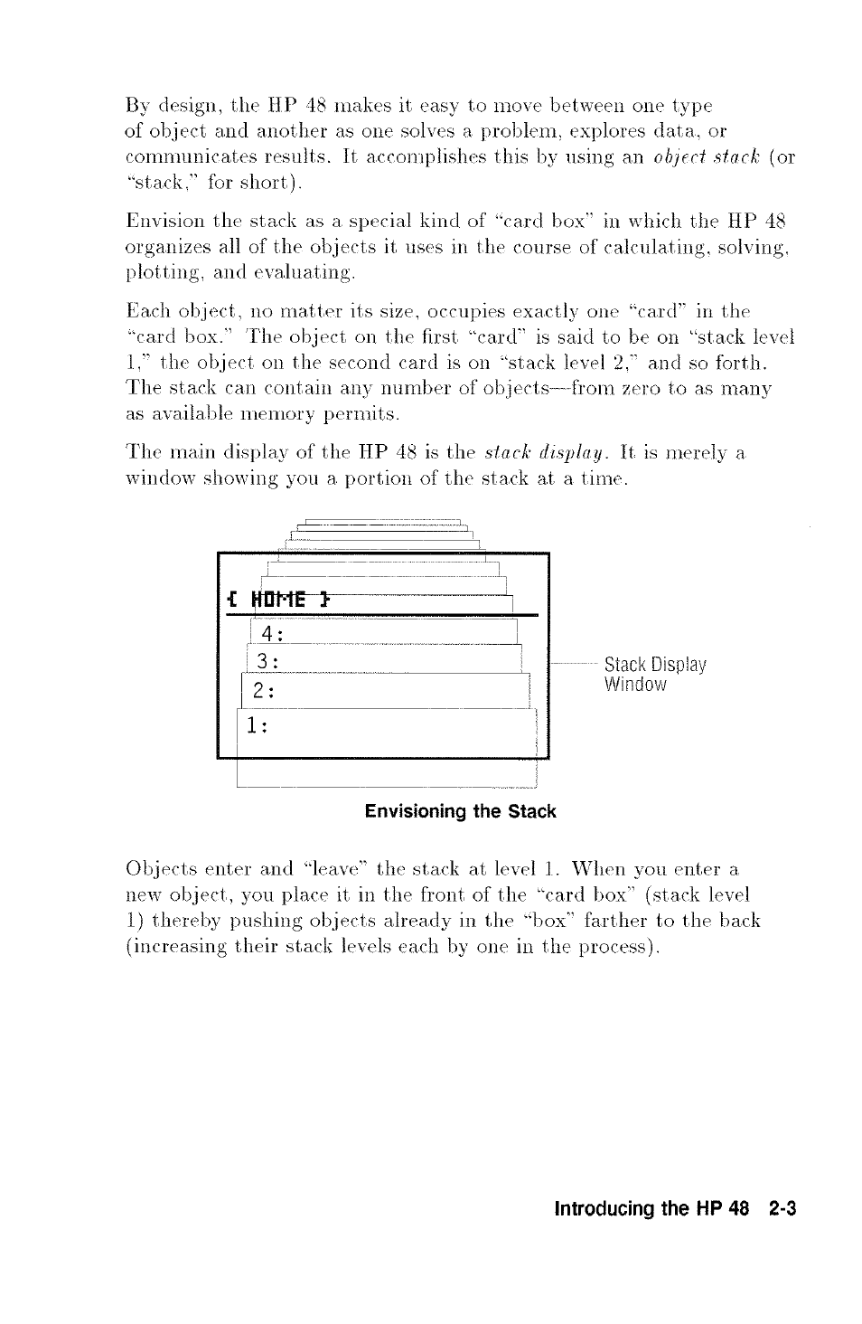 Stack display window, Envisioning the stack | HP 48G User Manual | Page 15 / 116