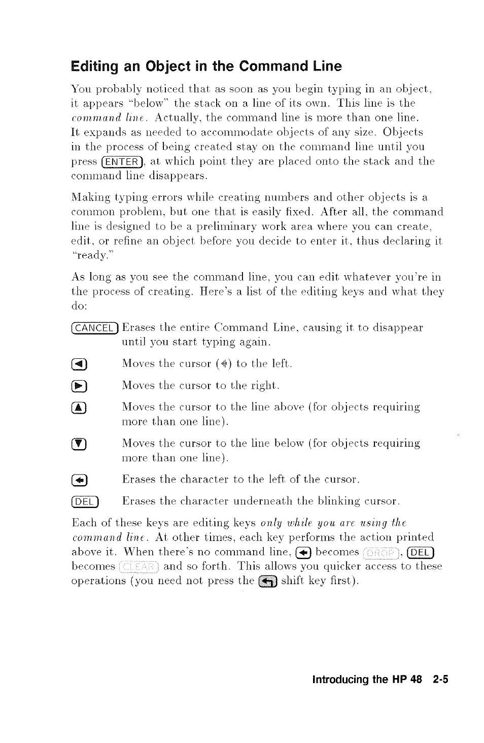 Editing an object in the command line, Editing an object in the clommand line -5 | HP 48G User Manual | Page 17 / 116