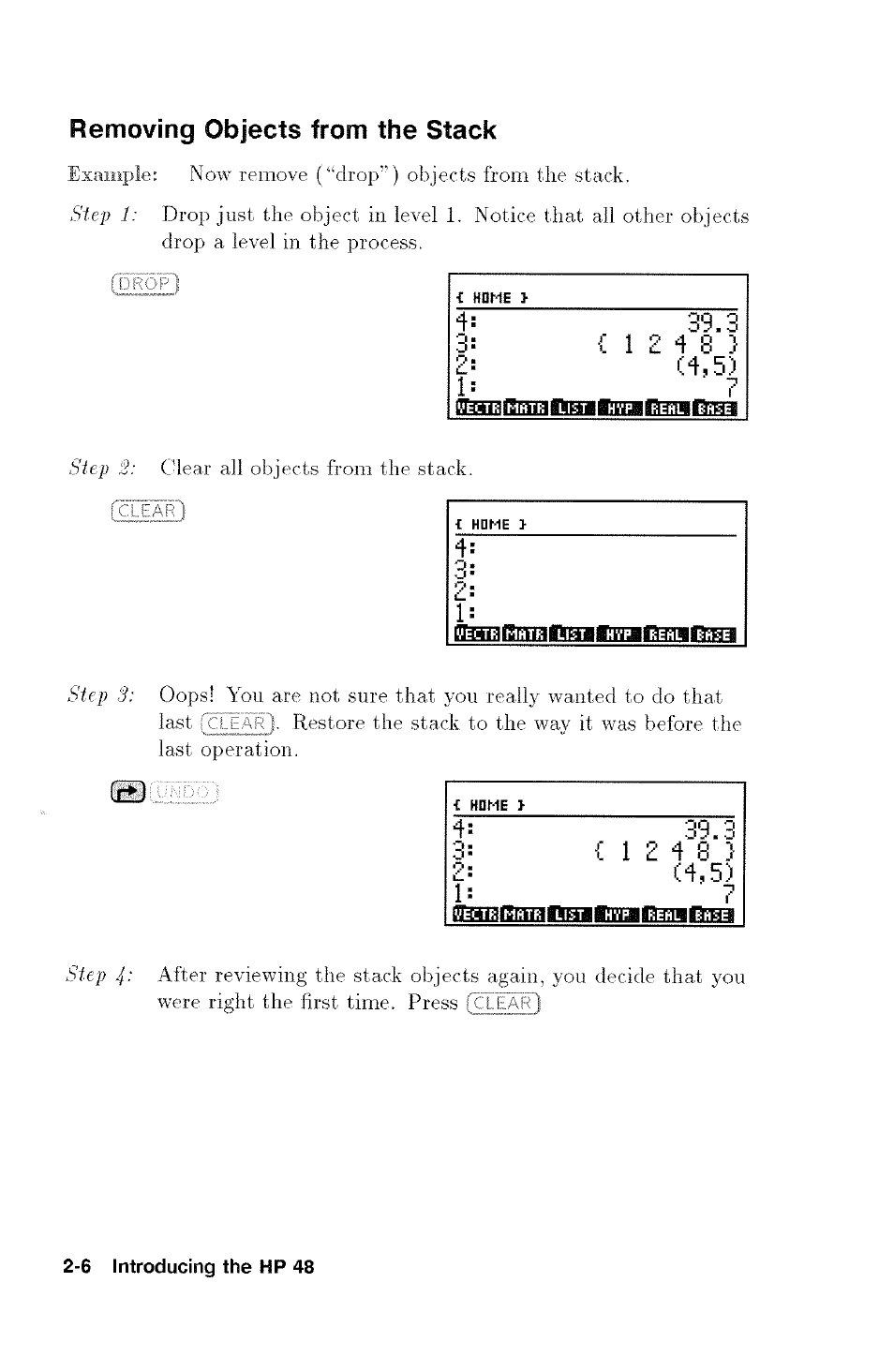 Removing objects from the stack, Removing objects from the stack -6 | HP 48G User Manual | Page 18 / 116